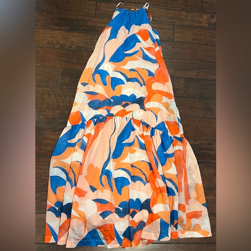 ANTHROPOLOGIE MAEVE FLOUNCED ABSTRACT HALTER SIDE POCKET MAXI DRESS BLUE